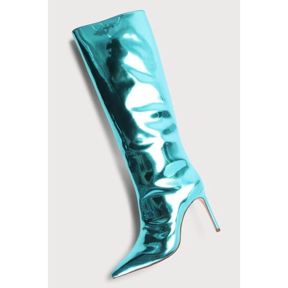 Schutz Mary Mary Up Turquoise Metallic Leather Pointed-Toe Knee-High Boots - Picture 4 of 12